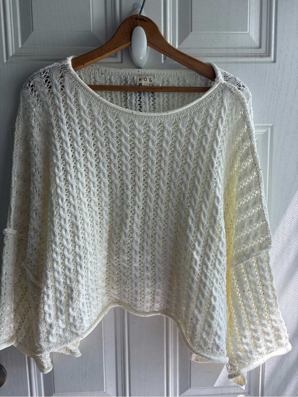POL Cream Crochet Open-Knit Crewneck Sweater